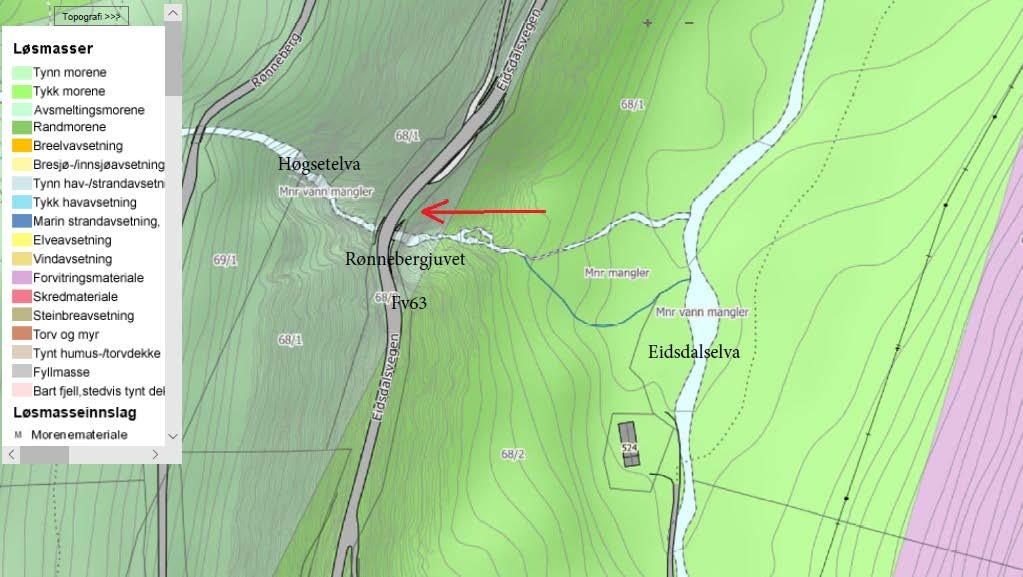 Figur 5: Utklipp frå Kvartærgeologisk kart (ngu.no). Grunnforholda/geologien er og omtalt i skredfareanalyse for massedeponiet på Øye (SVV 2018).