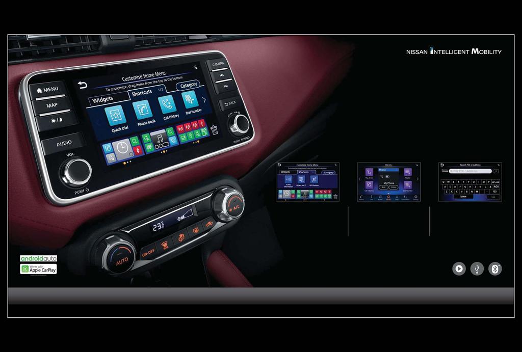NY NISSANCONNECT Neste generasjon lyd- og navigasjonssystem fra Nissan leveres med smarttelefonintegrering, Bluetooth håndfrisystem og innebygde apper, og er utstyrt med en 7" berøringsskjerm som