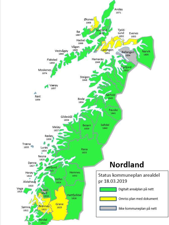 Status kommuneplan Digital arealplan på nett Totalt 35 kommuner (Ingen endring 2018) Fult planinnhold og vektordata Omriss plan med dokument Totalt 6 kommuner Enklere løsning for kommunene, planen