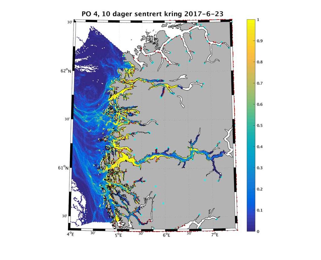 4 - Metoder Figur 2. Resultater fra den hydrodynamiske spredningsmodellen for lakselus.