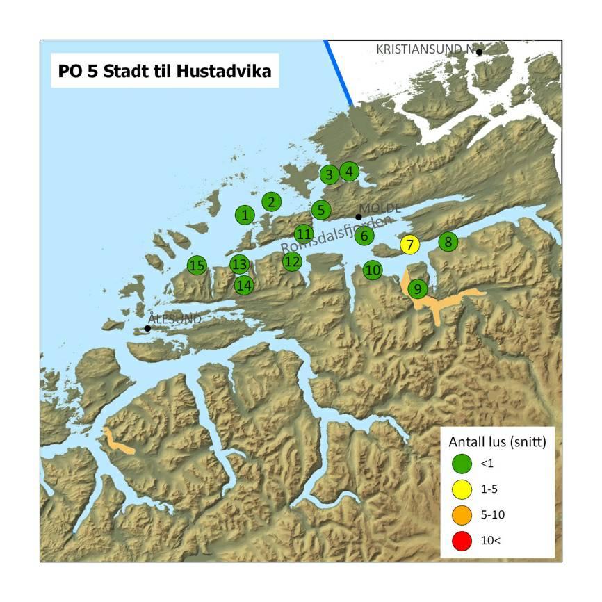 Figur 30. Plassering og gjennomsnittlig påslag av lakselus fisk fra vaktbur i PO 5. Vaktburene sto ute i omtrent 20 dager i tidsrommet 6-25 juni.
