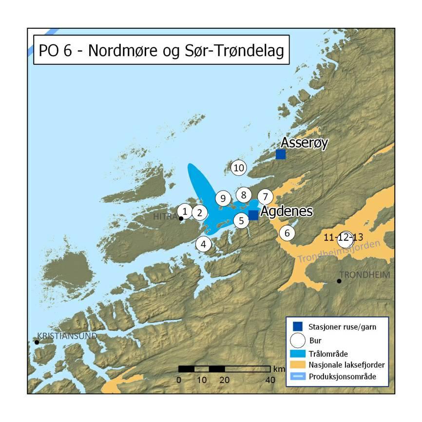 Figur 33. Område for postsmolttråling, vaktbur og ruse/garn stasjoner i produksjonsområde 6.