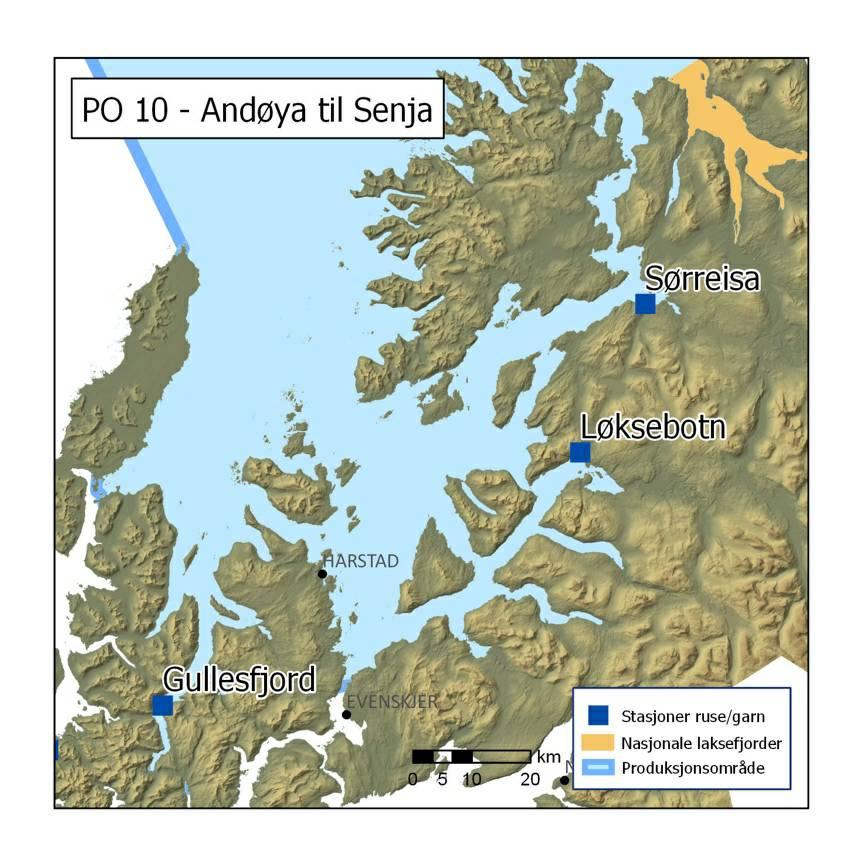 Figur 53. Ruse/garn stasjoner i produksjonsområde 10. 2018 5.10.2 - Ruse og garn Sørreisa ble valgt som fast stasjon i dette produksjonsområdet og ble undersøkt i to adskilte perioder på omtrent to uker.