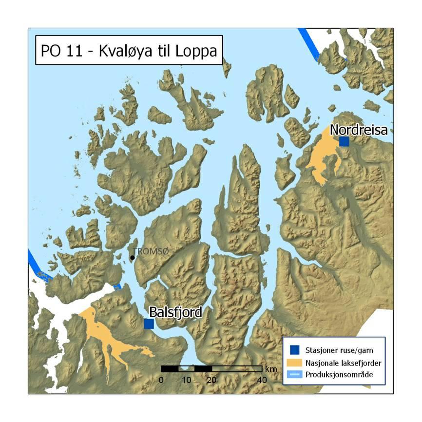 Figur 57. Ruse/garn stasjoner i produksjonsområde 11. 2018 5.11.2 - Ruse og garn Balsfjord ble valgt som fast stasjon i dette produksjonsområdet og ble undersøkt i to adskilte perioder på omtrent to uker.