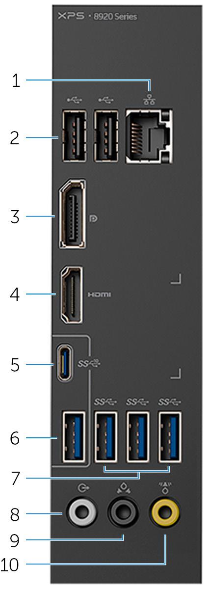 Bakpanel 1 Nettverksport Koble en Ethernet (RJ45)-kabel fra en ruter eller et bredbåndsmodem for nettverks- eller Internett-tilgang.
