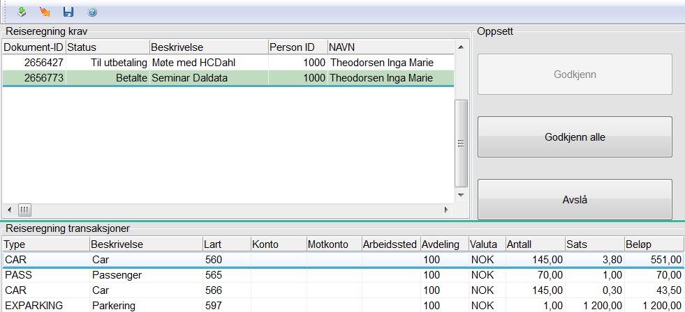 Klikk for å lese inn reiseregning og utlegg fra Visma.net Expense Når du klikker på en reiseregning vises transaksjonene for denne nederst i skjermbilde.