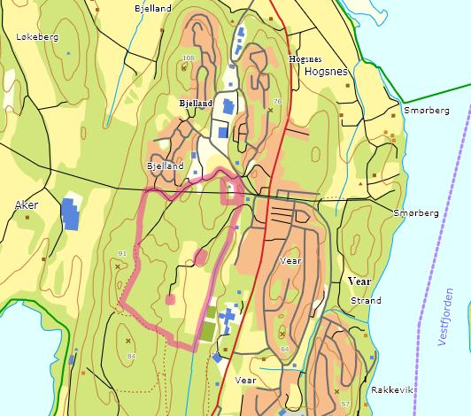 Figur 2: Lokalisering av eiendommen Gnr 46 / Bnr 27 på Vear i Tønsberg Kommune.