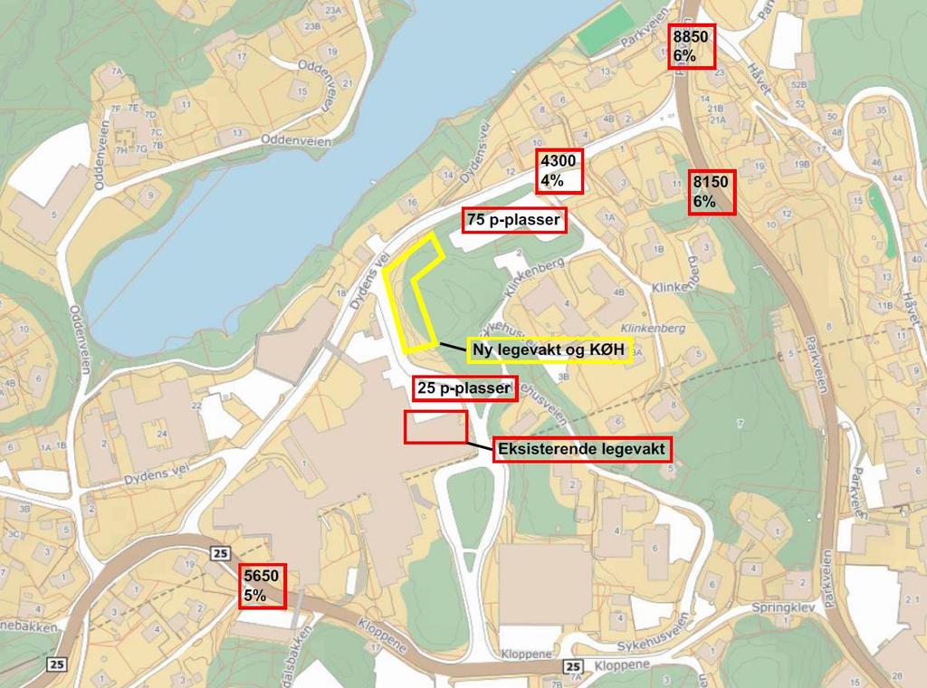 Figur 4. Trafikktall og eksisterende parkeringsplasser ved planområdet (markert med gult) (Rambøll, 2017). 3.