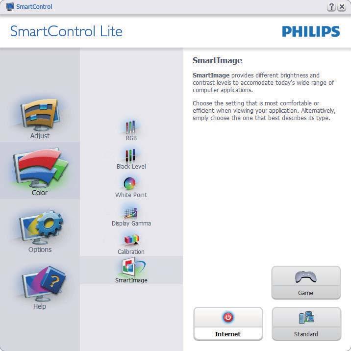 SmartImage Lite Lar brukeren endre innstillingene for å få bedre skjerminnstillinger basert på innhold.