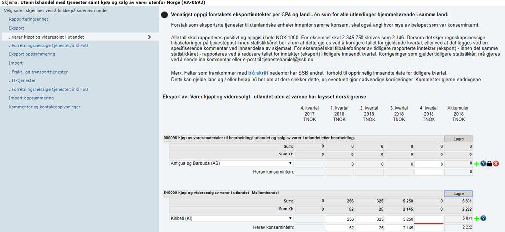 Ved å klikke på det grønne plusstegnet + får man anledning til å legge til nye land. Ved å klikke på spørsmålstegnet får man opp fullstendig tekst for de enkelte tjenestetypene.