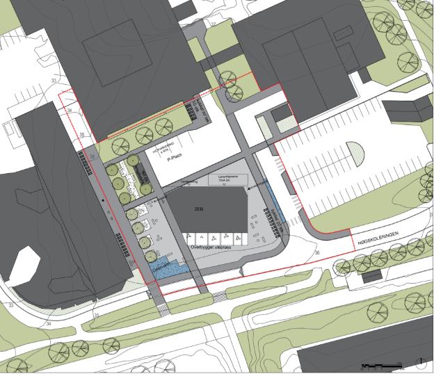 Beskrivelse av planen Reguleringsplanen inneholder offentlig og privat tjenesteyting, fortau, gang- og sykkelvei, torg, gatetun, kjøreveg, parkeringsplasser og grønnstruktur.