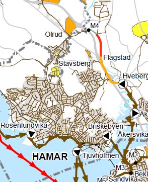 67 2. Eventuell framtidig hovedledning for vann mellom Nydal og Trehørningen industriområde. Denne ledningen vil ha vesentlig sikkerhetsmessig betydning både for Hamar og Ringsaker. Ledningen er pr.