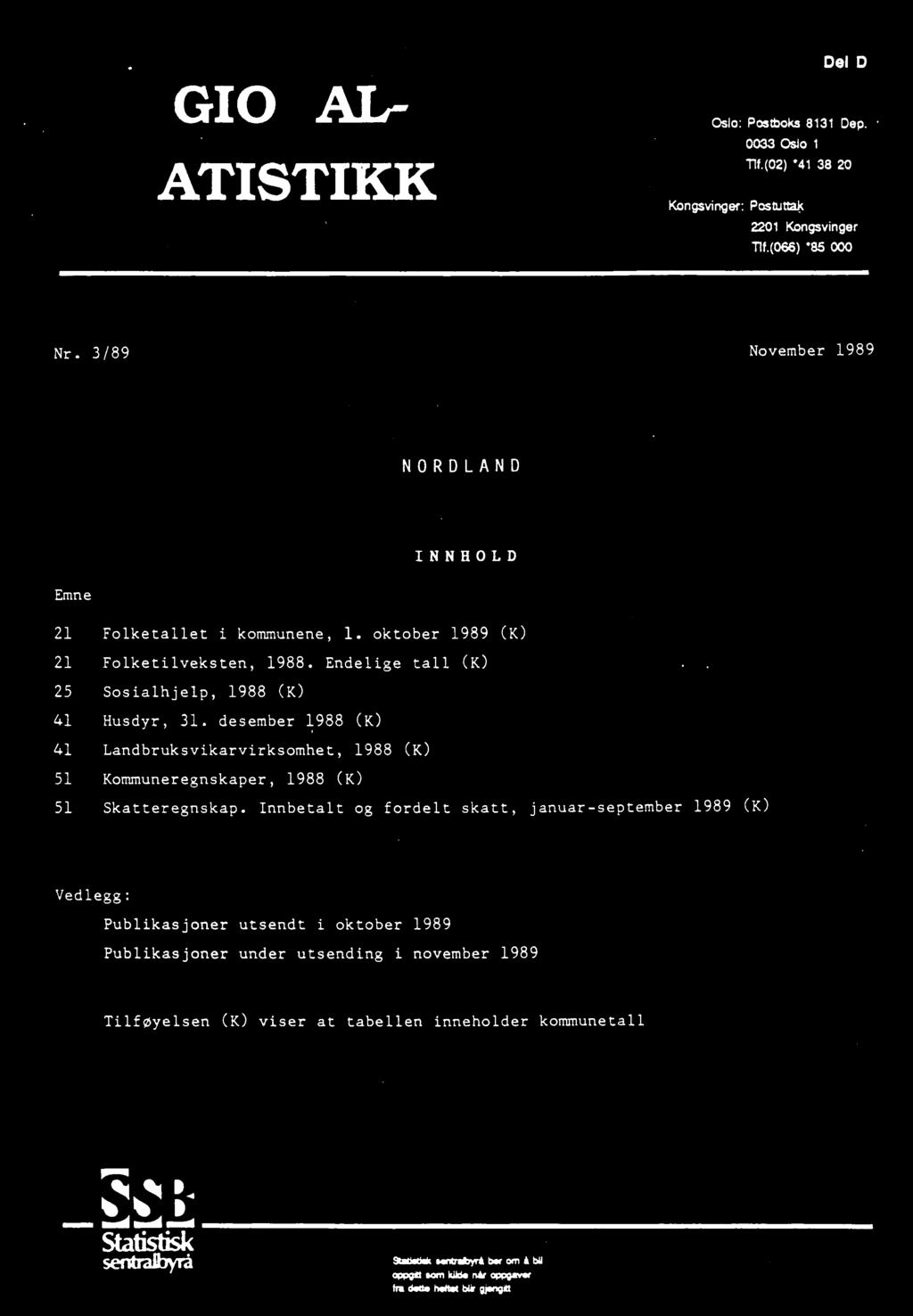 Innbetalt og fordelt skatt, januarseptember 989 (K) Vedlegg: Publikasjoner utsendt i oktober 989 Publikasjoner under