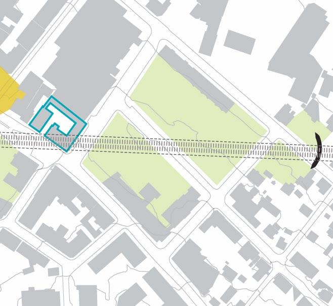 Figur 3-3 Skisse som viser mulig framtidig situasjon, hvor bebyggelse som antas å måtte rives erstattes med parker i åpne bystrukturer. Blå sirkel plassert i Josefinegata.