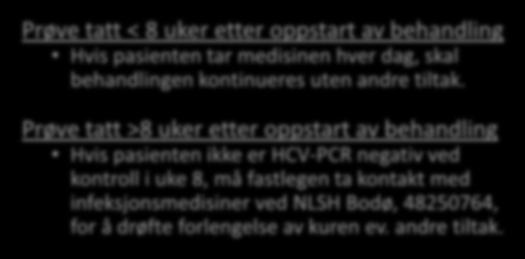 TILFELDIG PRØVESVAR HCV-PCR: 0 100 x10 3 IU/L Prøve tatt < 8 uker etter oppstart av behandling Hvis pasienten tar medisinen hver dag, skal behandlingen kontinueres uten andre tiltak.