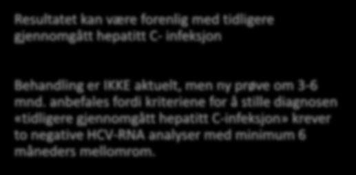 POSITIV ANTI-HCV OG NEGATIV HCV-RNA Resultatet kan være forenlig med tidligere gjennomgått hepatitt C- infeksjon