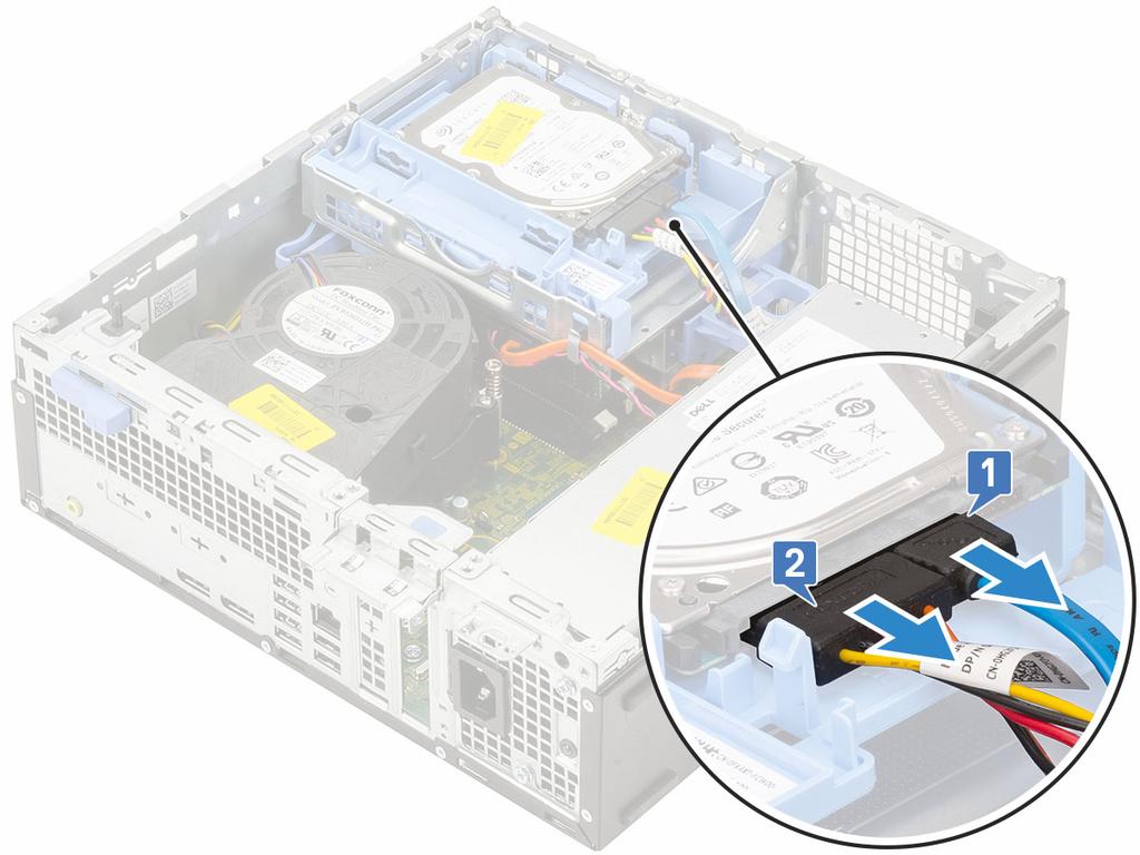 b Slide the release tab to unlock the hard drive and optical module [1].