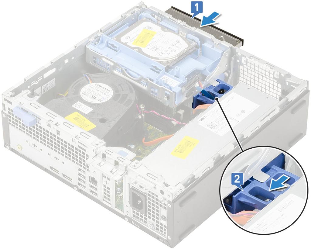 3 Lift the hard drive and optical module [1], connect the optical drive data cable and
