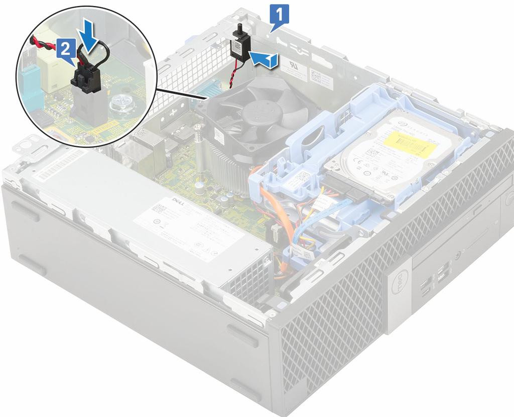 3 Install the: a b c d e f Heat sink fan Heat sink duct Hard drive and optical drive module HDD assembly Front bezel Side cover 4 Follow the procedure in After working inside your computer.