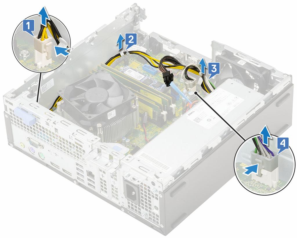 f Heat sink fan 3 To release the PSU: a Disconnect the CPU power cable from the system board [1]. b Unroute the power cables from the retention clips on the chassis [2,3].