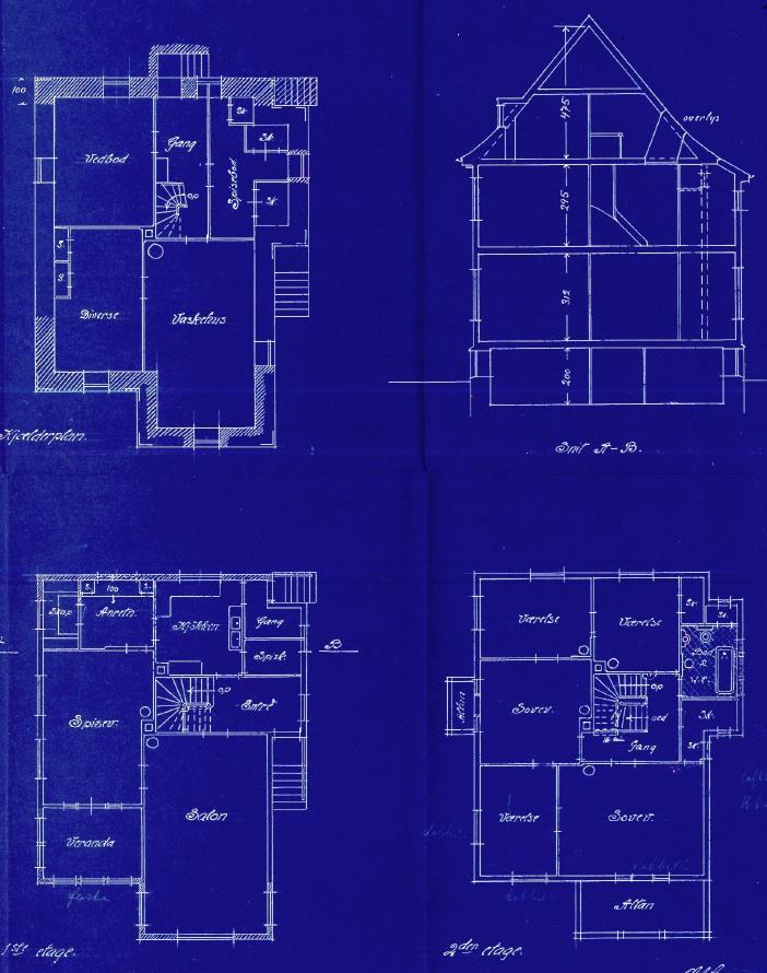 Figur 5-24 Plan- og snittegninger fra byggesaken i 1920. Byggesaksarkivet.