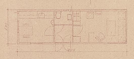 Figur 5-28 Plantegningen viser innredningen av uthuset, toalett, kjøkken og oppholdsrom. Byggesaksarkivet.