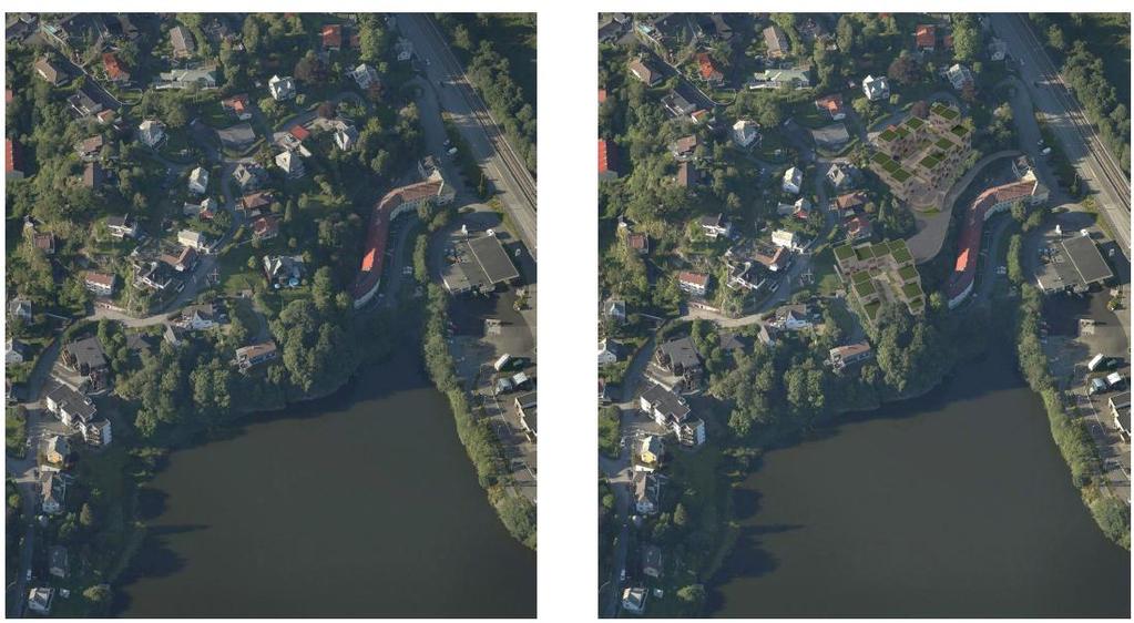 Figur 6-4 Luftperspektiv fra sør. Illustrasjon 1:1 Arkitekter. Figur 6-5 Luftperspektiv fra øst, felt A og B. En ser her tydelig at husene Nesttunhalsen 8, 10 og 10A får opprettholdt sikt mot sør.