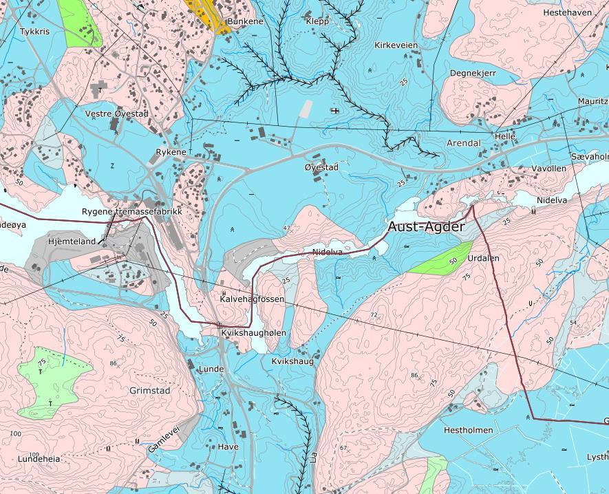 dagen, men både før og etter kryssingen av Nidelva ved Helle og Kvikshaug er det dalsenkninger hvor det stedvis er registrert bløte marine havavsetninger og antatt kvikkleire.