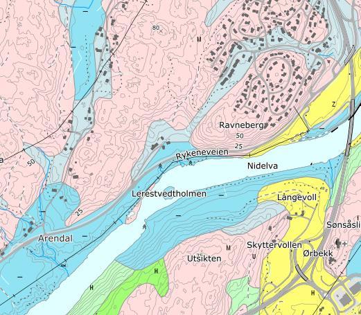 3.4 Kvartærgeologi Løsmasser i området ved kryssing av Nidelva syd for Ravneberg viser avsetninger av tykk marin leire. Figur 3. Kvartærgeologisk kart i området ved Ravneberg og Nidelva. 3.5 Linje 22A, 23A og 23G Kvikshaug Fjæremoen/Lillemoen Solbergåsen.