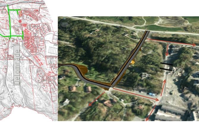 Delområde 1, alternativ 1D: Nytt kryss mot Fv, forskjøve frå eksisterande kryss. Samleveg langs Sveåsen. Tjørnavegen består med ny kopling til samleveg frå Fv.