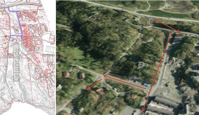 Tilkomst til bustadfelt i sør, langs Mjåtveitmarka: Sør for delområde 1, ligg gbnr. 22/254.