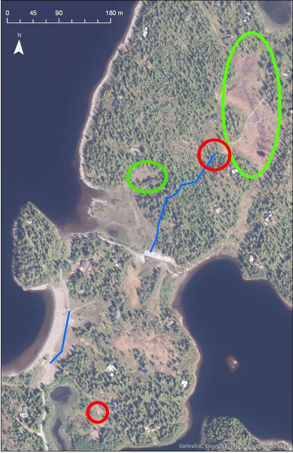 Figur 1: Flyfoto som viser områder av Storholmen hyttefelt (Sandvika, Verdal kommune) som ble undersøkt mtp. naturmiljø.