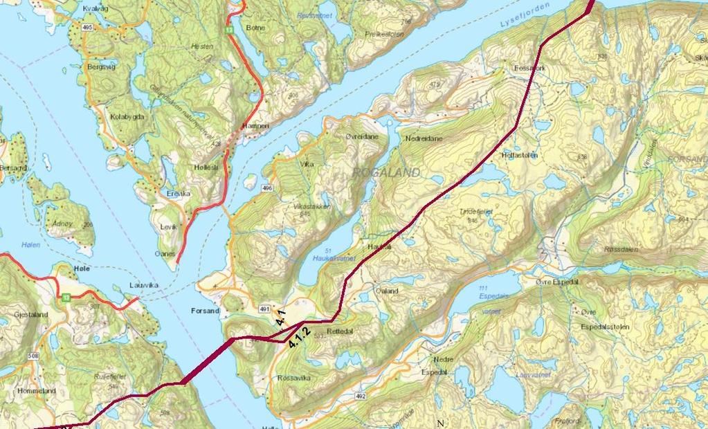 Side 10 Figur 3 Traseer Lysefjorden Seldalsheia Videre fra Skorene på sørsiden av Lysefjorden, vil den nye ledningen erstatte én av de to eksisterende 132 kv-ledningene fram til ledningen fra Dalen