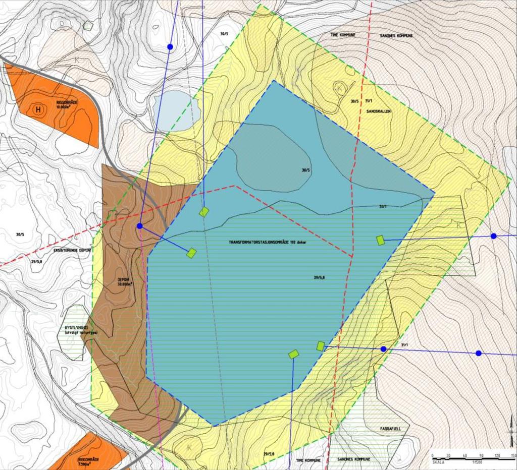 Side 13 Figur 6 Fagrafjell transformatorstasjon. Blått område er transformatortomt, gult område er sikringssone, brunt område er permanent deponi og oransje områder er riggplasser.