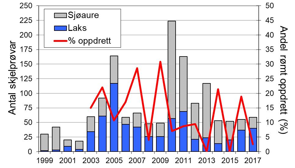 I perioden 2005-2011 er det godt samsvar mellom laksefangstane i Frøysetelva og det ein har sett i resten av fylket, men dei seinare åra er det ingen slik samanheng (figur 1, linjer).