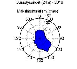 Maksimal hastighet Strømstyrke og retningsfordeling. Totallengden på sektorene indikerer andel målinger (%) i respektive retninger i løpet av måleperioden.