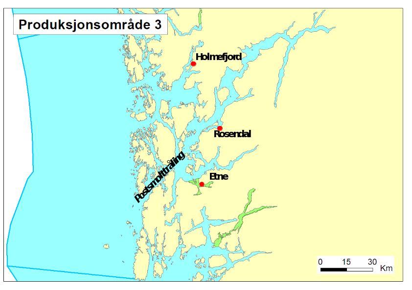 Figur 4. Undersøkte stasjoner i Hardanger. Grønne områder indikerer Nasjonale laksefjorder.