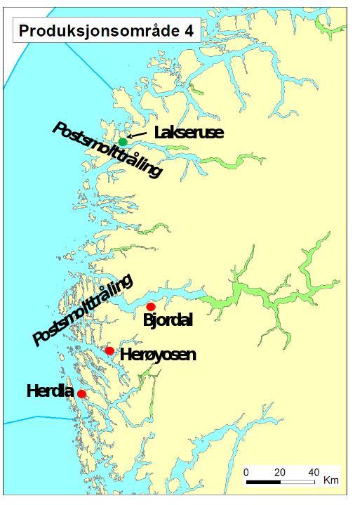 Figur 5. Undersøkte stasjoner i Sogn og Fjordane. Grønne områder indikerer Nasjonale laksefjorder.