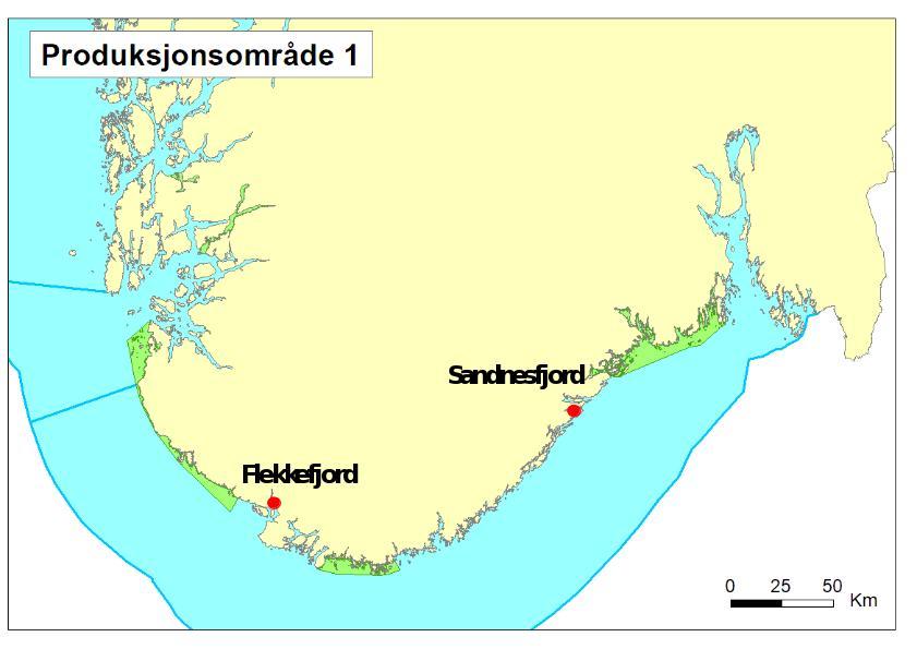 2.1 - Sørlandet (PO1, Svenskegrensen Jæren) Sandnesfjord i Aust-Agder er valgt som fast stasjon i produksjonsområdet på Sørlandet, og har tidligere vært undersøkt gjennom flere år i