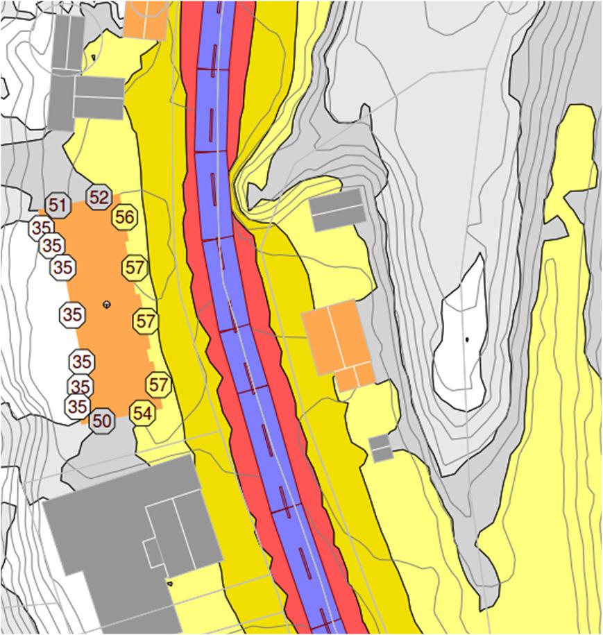 5 Vurdering og konklusjon Som beregningene viser, er lydnivå fra både vegtrafikk og jernbane så høye at hver av disse medfører at fasade mot øst blir liggende i gul sone.
