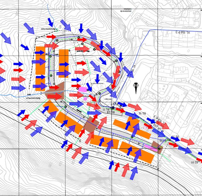 Bilde til høgre viser flaumvegar og avrenning etter utbygging. Mangler: - Ingen nedbørfelt. - Ingen plangrense.