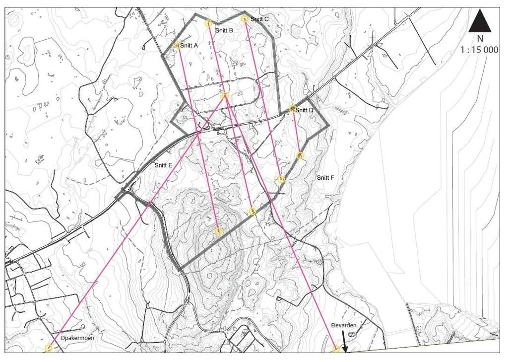 Side 4 av 9 Figur 3: Snittplan. Snitt A Figur 4: Snitt A. Snitt A går fra øvre del i nord og sørover vest i planområdet. Snittet er på ca. 1321 meter.