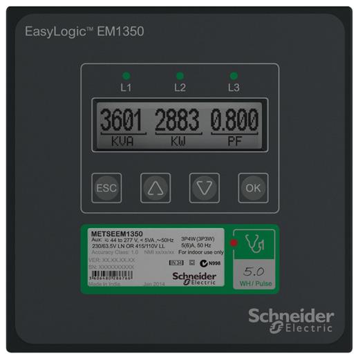 Functions and characteristics PB114314 The EasyLogic EM1350 revenue meter offers all the asic energy measurement capailities required to monitor an electrical installation in a single 144 x 144 mm
