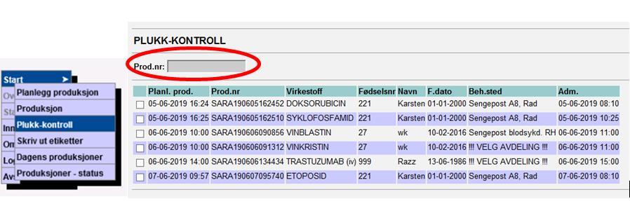 Plukk-kontroll Apotekansatt som skal plukke produksjonen logger inn på riktig produksjonssted. Trykk Start > Plukk-kontroll.