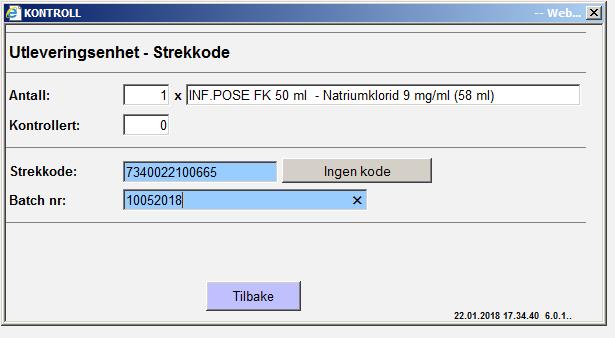 Vent noen sekunder før skanning igjen. Dette for å unngå dobbelskanning av varen både som Strekkode og Batch nr. Et nytt felt for Batch nr. blir synlig i samme vindu.