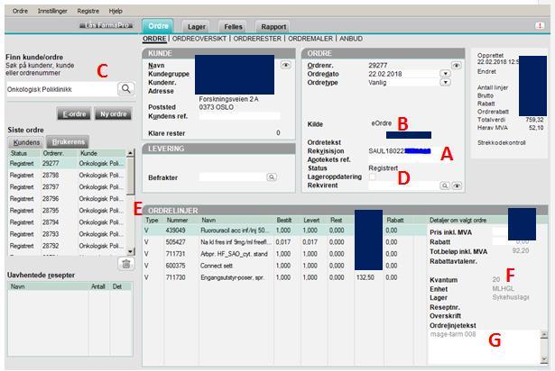 Bildet viser en ordre som er lagret i FarmaPro etter e-ordre. Når man tar i bruk e- ordre-løsningen for CMS er det viktig å kontrollere om alle opplysningene kommer riktig inn i FarmaPro.
