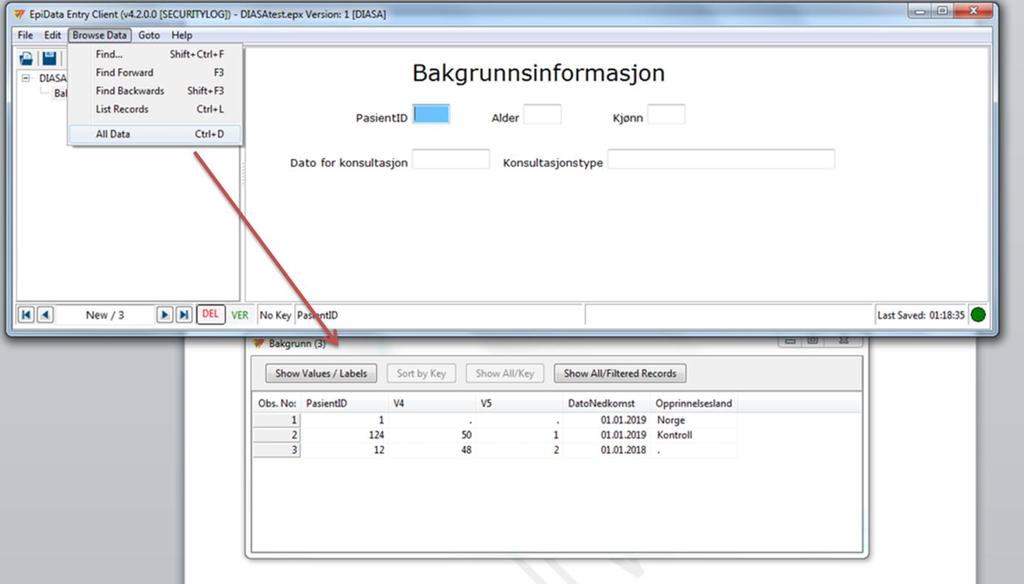 Trykker du på boksen «Show value/labels» så kan du skifte mellom å se tallverdien som er lagret i databasen og «value» beskrivelsen som er kodet for en tallverdi.