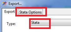 Første handling er å trykke på «EXPORT» i menylinjen for å åpne vinduet for eksport av data: Velg «Stata» som filformatet data skal