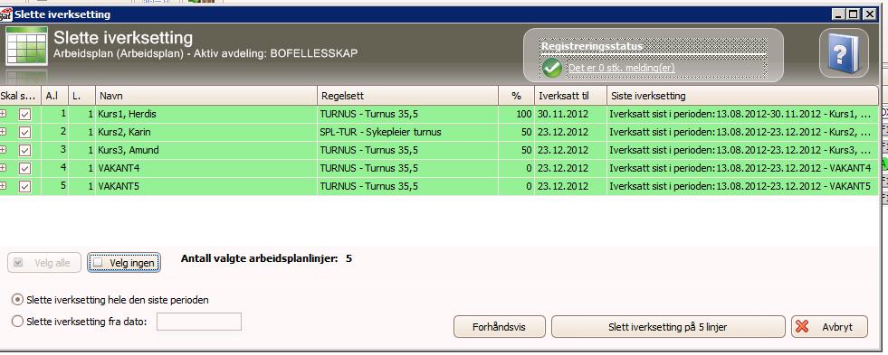 Sletting av iverksetting Velg hvilke ansatte som skal