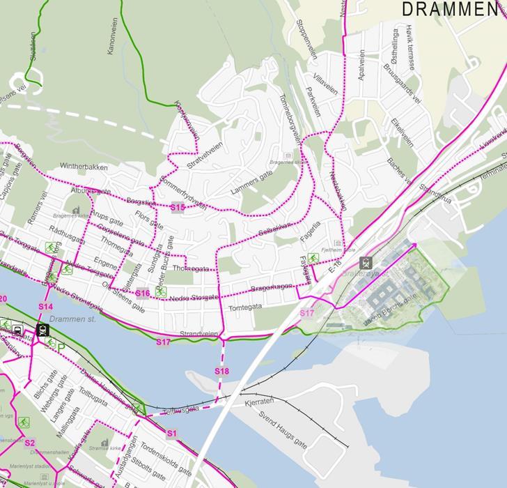 Gate- og byromsstruktur gang og sykkel Hovedsykkelrute lang Helsegata - Knyttes til regional forbindelse langs Strandveien Fortau